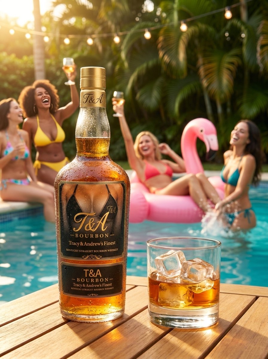 The T&A Bourbon bottle and a rocks glass, poolside